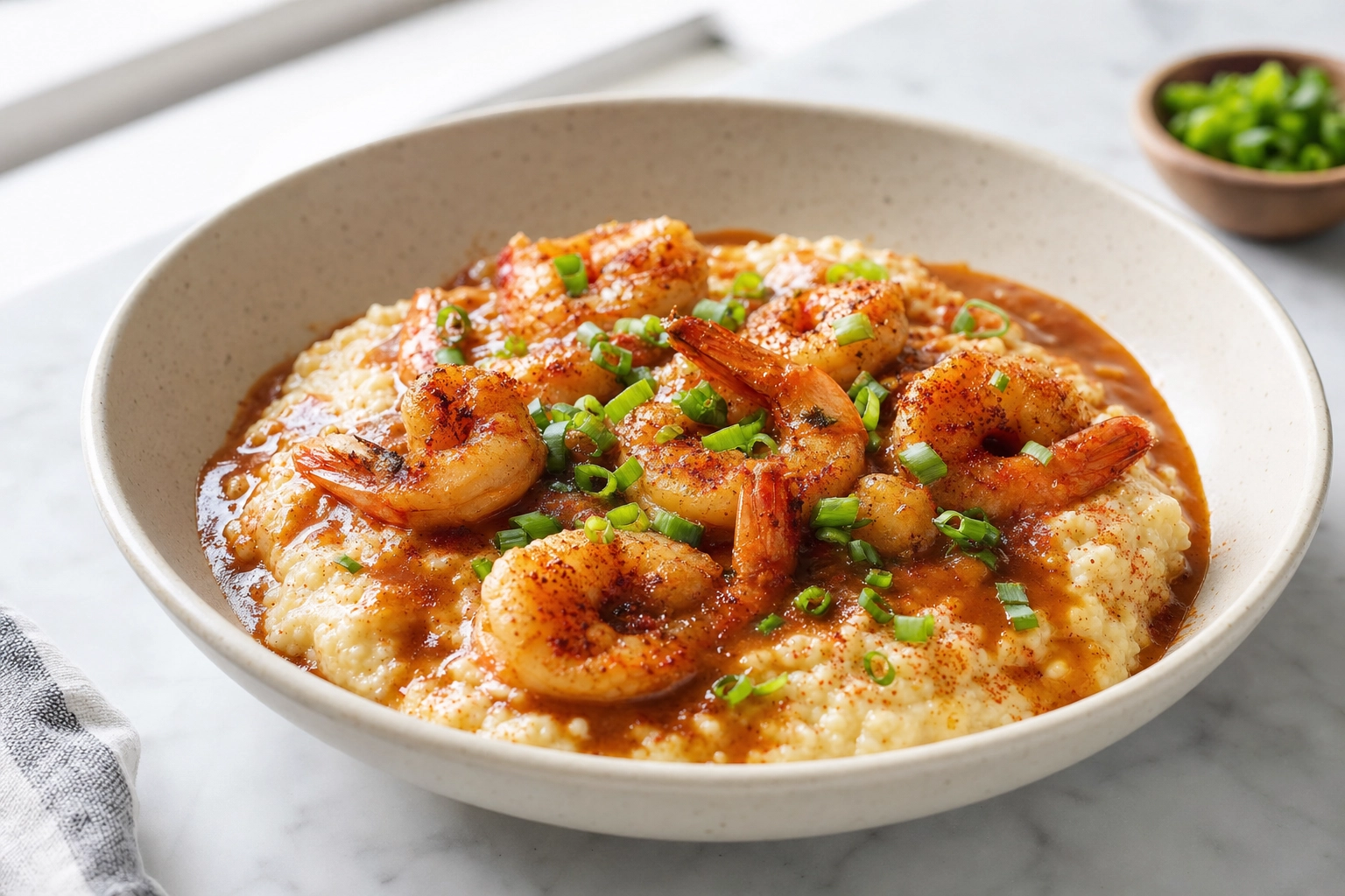 Bright menu-ready photo of Southern shrimp and grits on a clean white marble surface, studio quality