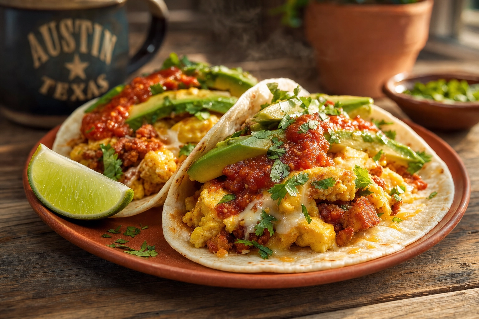 Styled Austin breakfast tacos with migas, cheese, and salsa roja on a terracotta plate