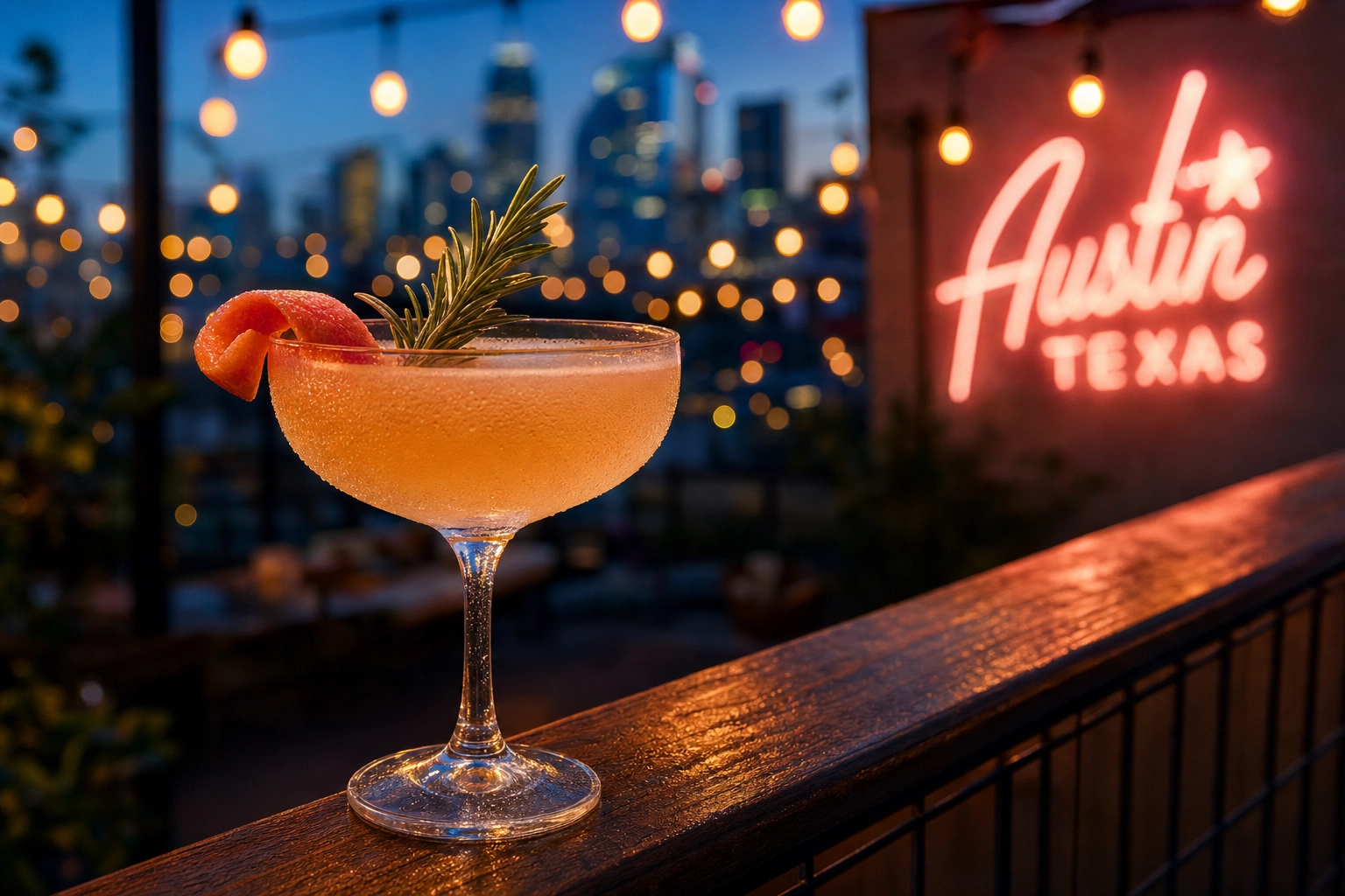 Craft cocktail with grapefruit garnish on an Austin patio bar rail at dusk with string lights