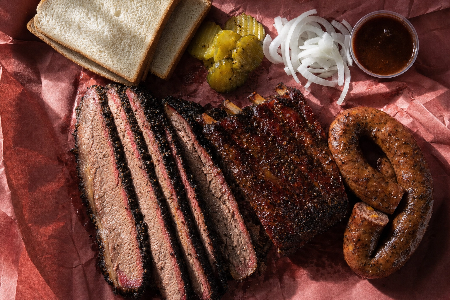 Overhead Central Texas BBQ tray with sliced brisket, ribs, and sausage on pink butcher paper