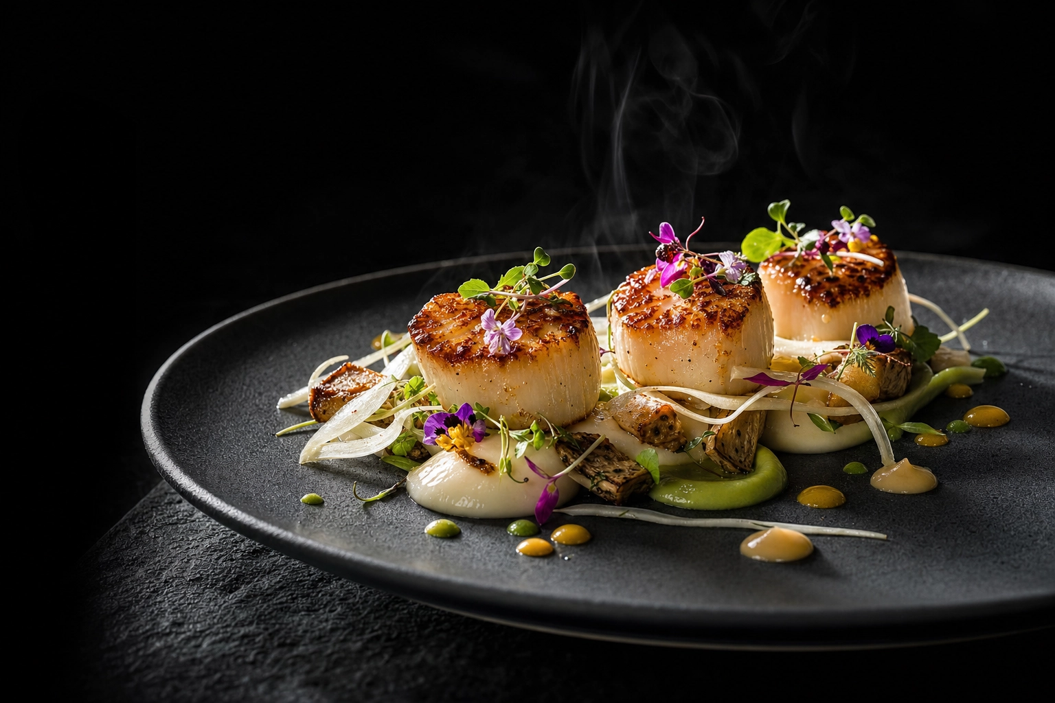 Moody fine-dining seared scallop plate styled for an editorial brand campaign on dark slate