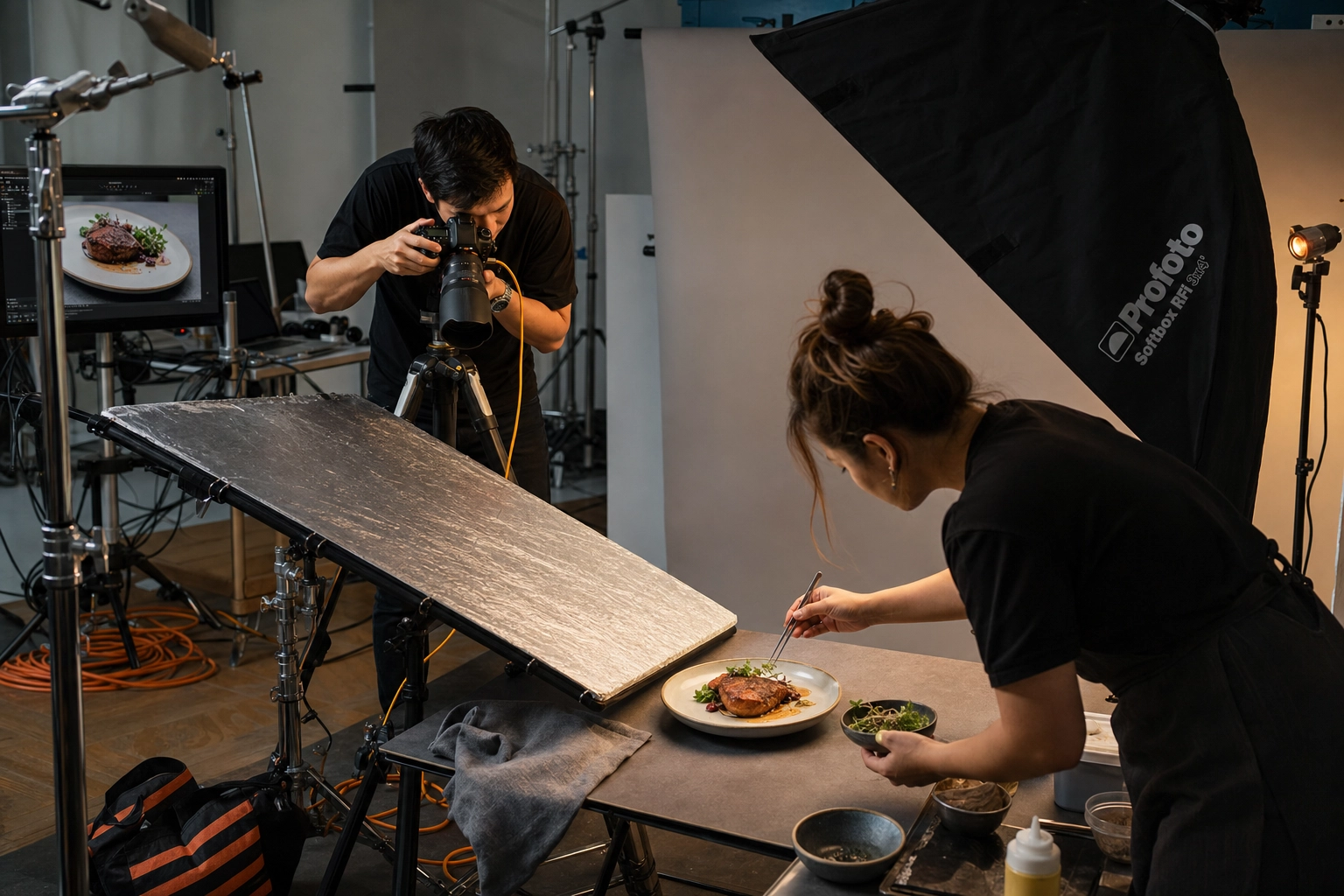 Food photography studio setup with softbox, camera, and a stylist plating a dish during a shoot