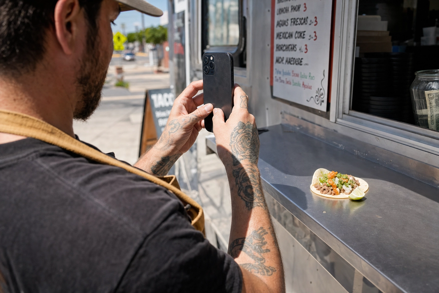 Food truck owner photographing a taco on the service window with a smartphone in bright daylight