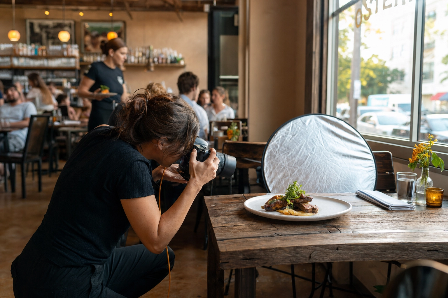 Photographer shooting a plated dish on location inside a busy warm-lit Austin restaurant