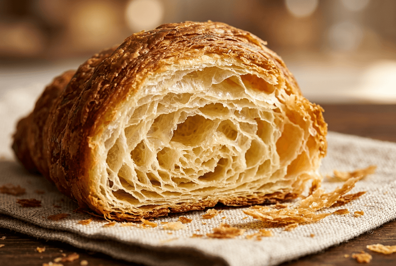 Close-up croissant showing flaky pastry layers and golden crust — bakery texture photography