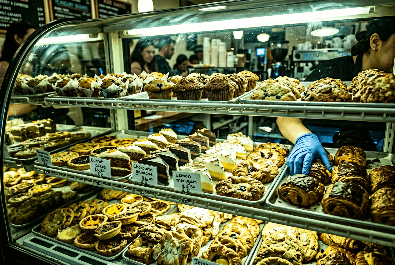 Bakery display case with fluorescent lighting showing common photography challenges for pastry shops