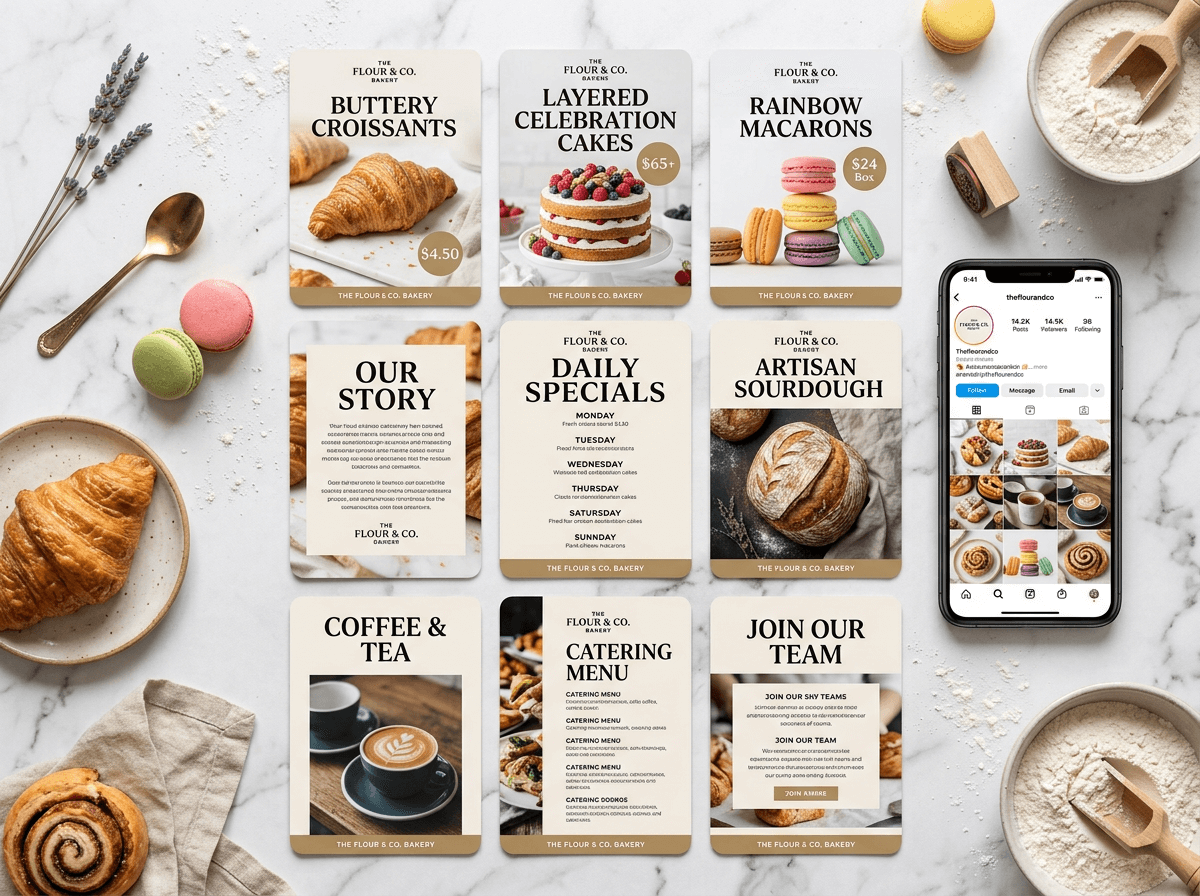 Bakery food poster designs and social media promotional materials for pastry shop marketing