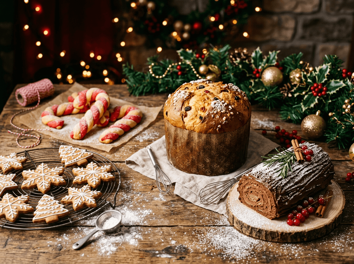 Seasonal holiday bakery items including gingerbread cookies and yule log cake with festive lighting