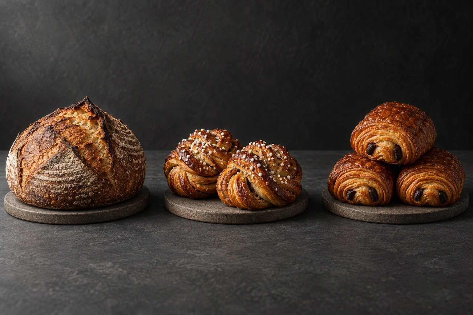 Weekly bakery drop lineup of country loaf, cardamom buns and pain au chocolat shot in one consistent style for bakery social media