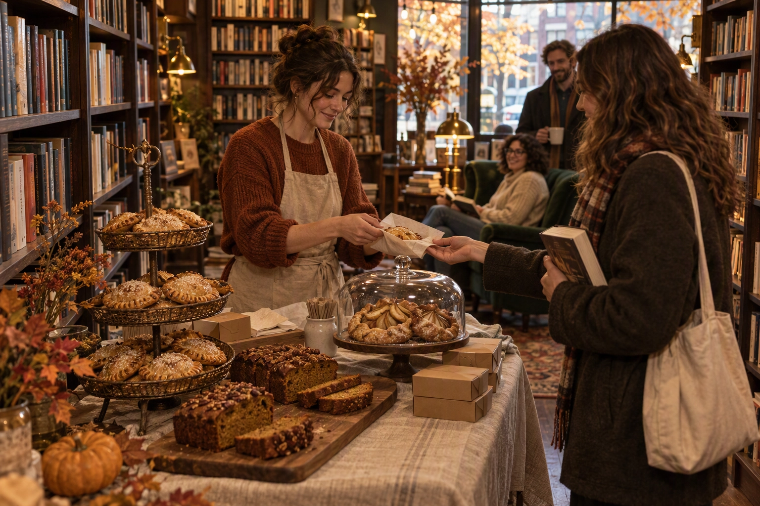 Autumn bakery pop-up table inside an independent bookstore with pumpkin loaves and apple hand pies, a seasonal bakery marketing idea