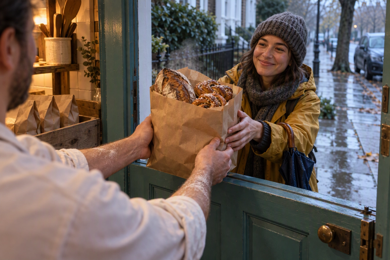 Baker handing a warm preorder bag through a bakery side door during a timed pickup slot, the moment to ask for a review
