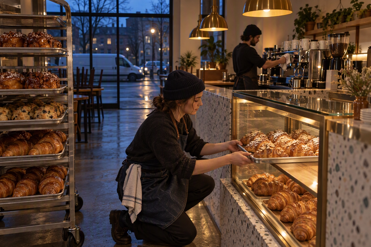 Baker stocking a neighborhood coffee shop's pastry case with almond croissants at dawn, a local bakery marketing partnership