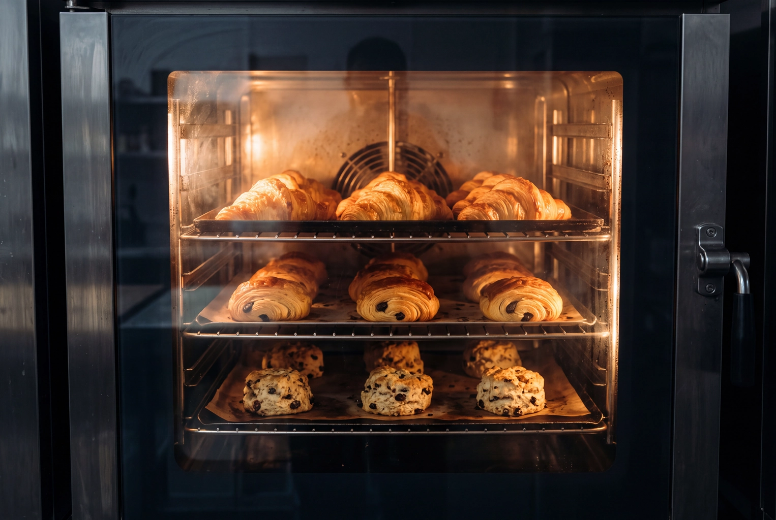 Croissants, pain au chocolat and scones baking on three racks of a convection oven before a bakery opens