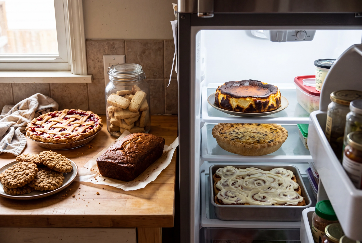 Home kitchen with shelf-stable pie, cookies and banana bread on the counter and cheesecake and quiche in the fridge