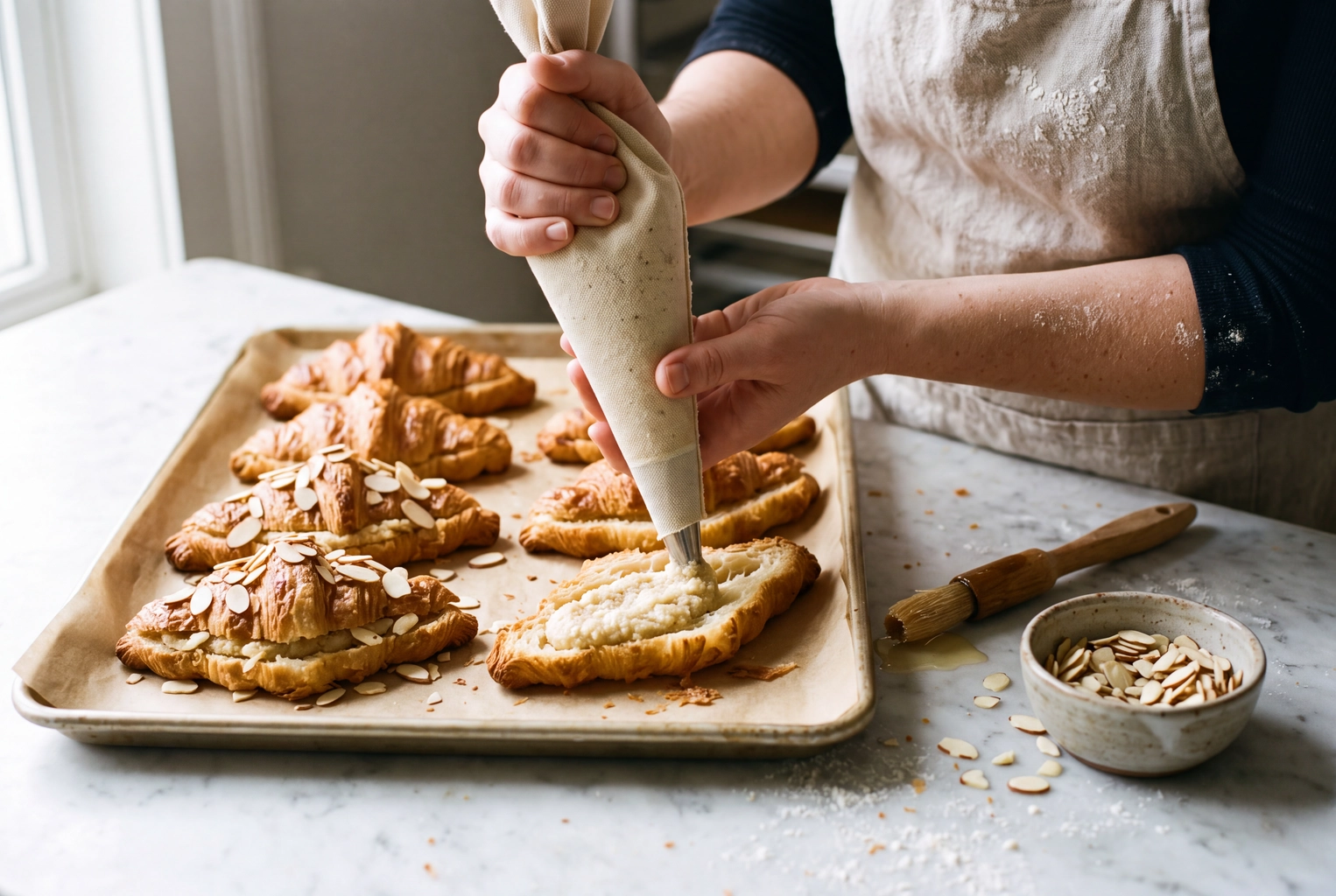 Baker piping frangipane into day-old croissants to sell them as almond croissants, a bakery menu idea that cuts waste