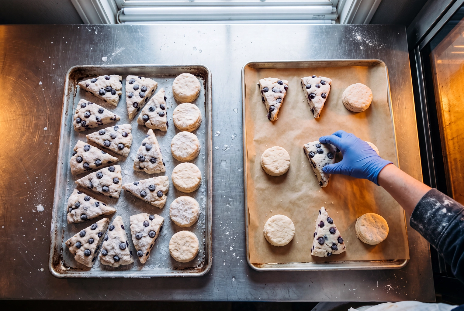 Frozen unbaked blueberry scones and buttermilk biscuits moved straight onto a sheet pan to bake from frozen