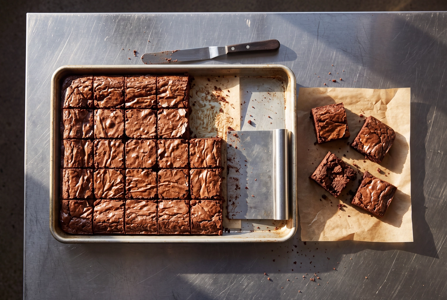 Half sheet of fudgy brownies cut into 24 squares, one of the bakery items to sell that keeps for days