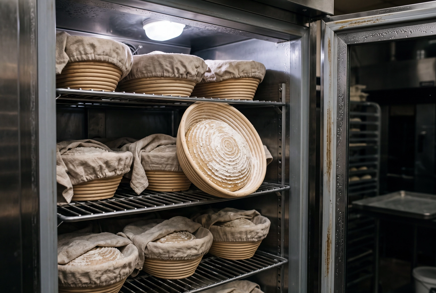Sourdough loaves proofing overnight in rattan bannetons inside a bakery fridge, planned two days before the bake