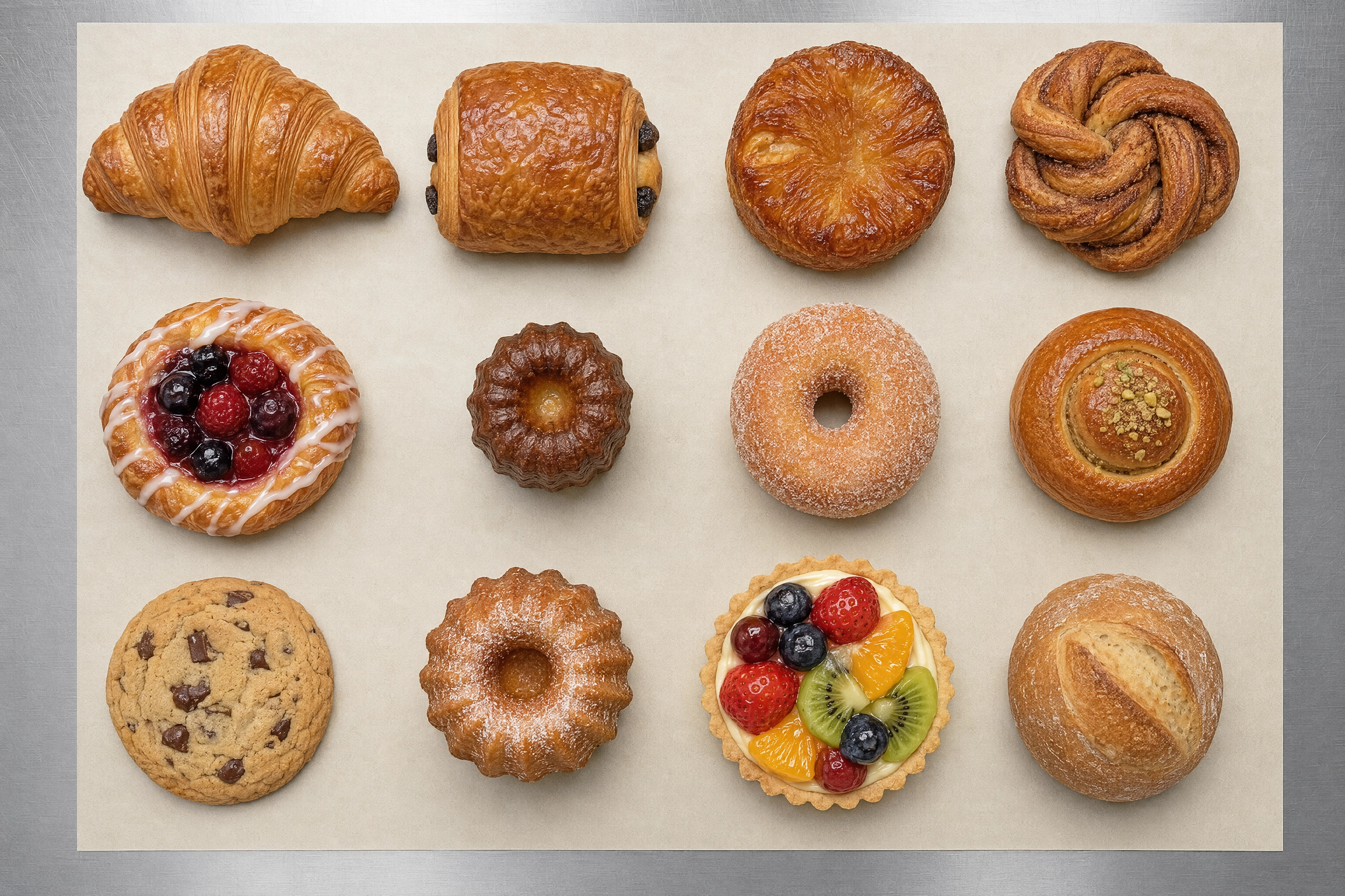 Overhead bakery photoshoot lineup of twelve pastries evenly spaced on parchment for a product catalogue