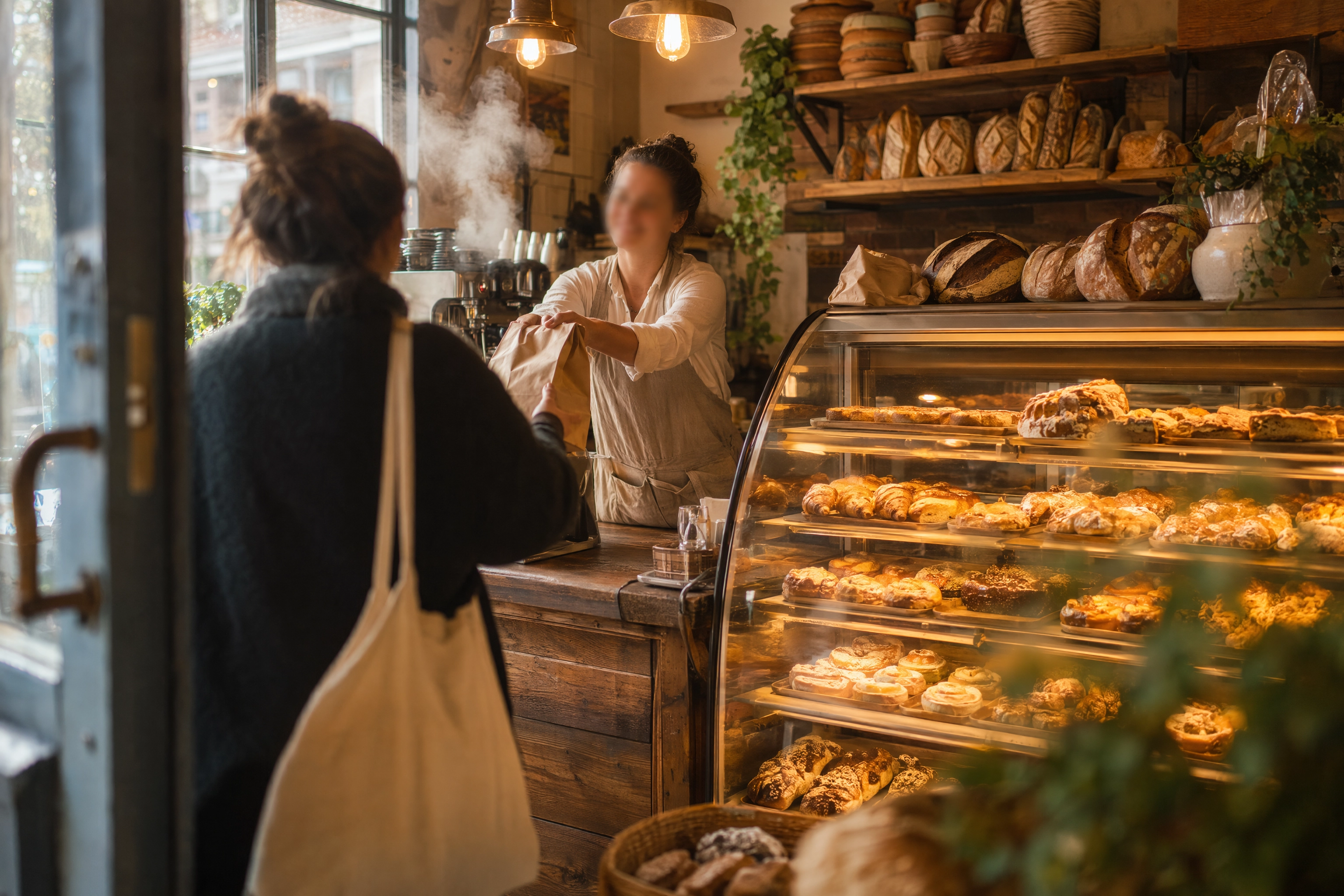 Bakery counter and atmosphere shot at opening with a full case, warm light and a hand passing a paper bag