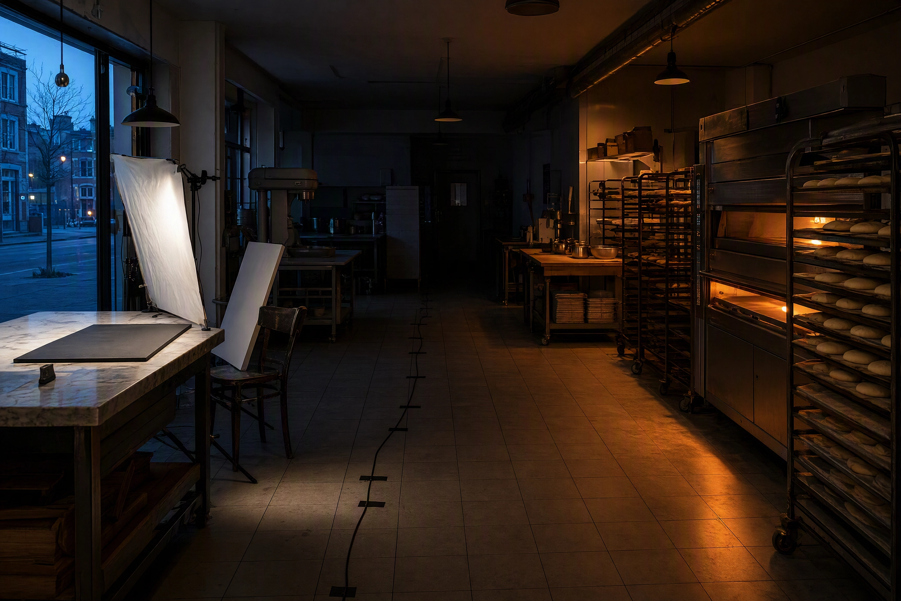 Bakery at 4:45am with a shooting station built at one end and the deck oven working at the other