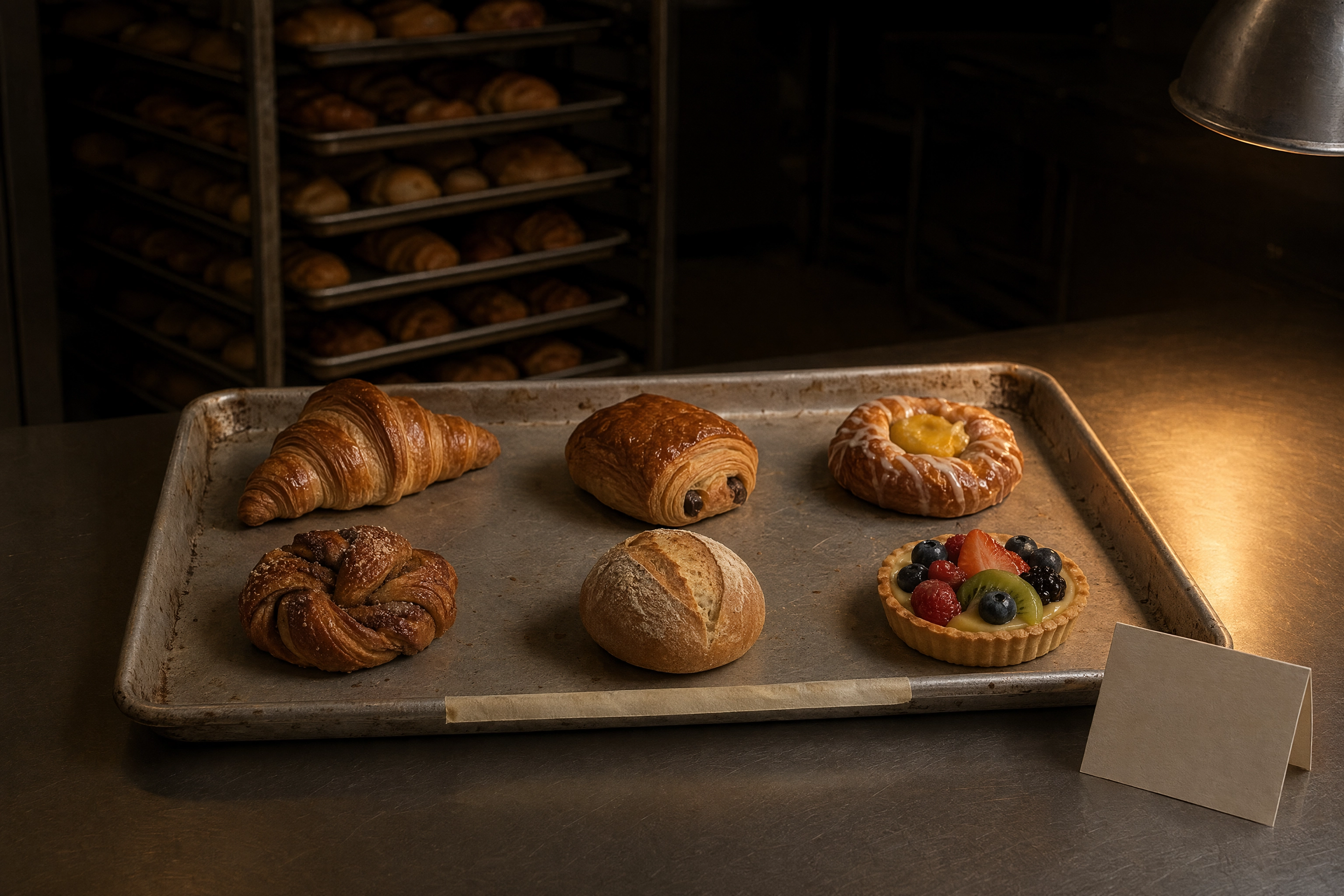 Held-back photo tray with one perfect example of each bake set aside before a bakery photoshoot