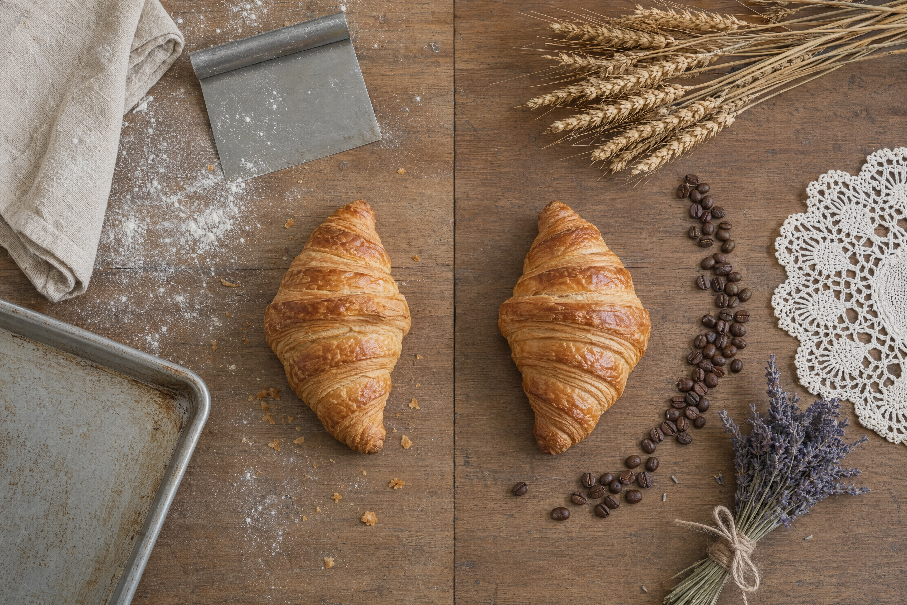 Real bakery props compared with stock-photo cliche props around two identical croissants