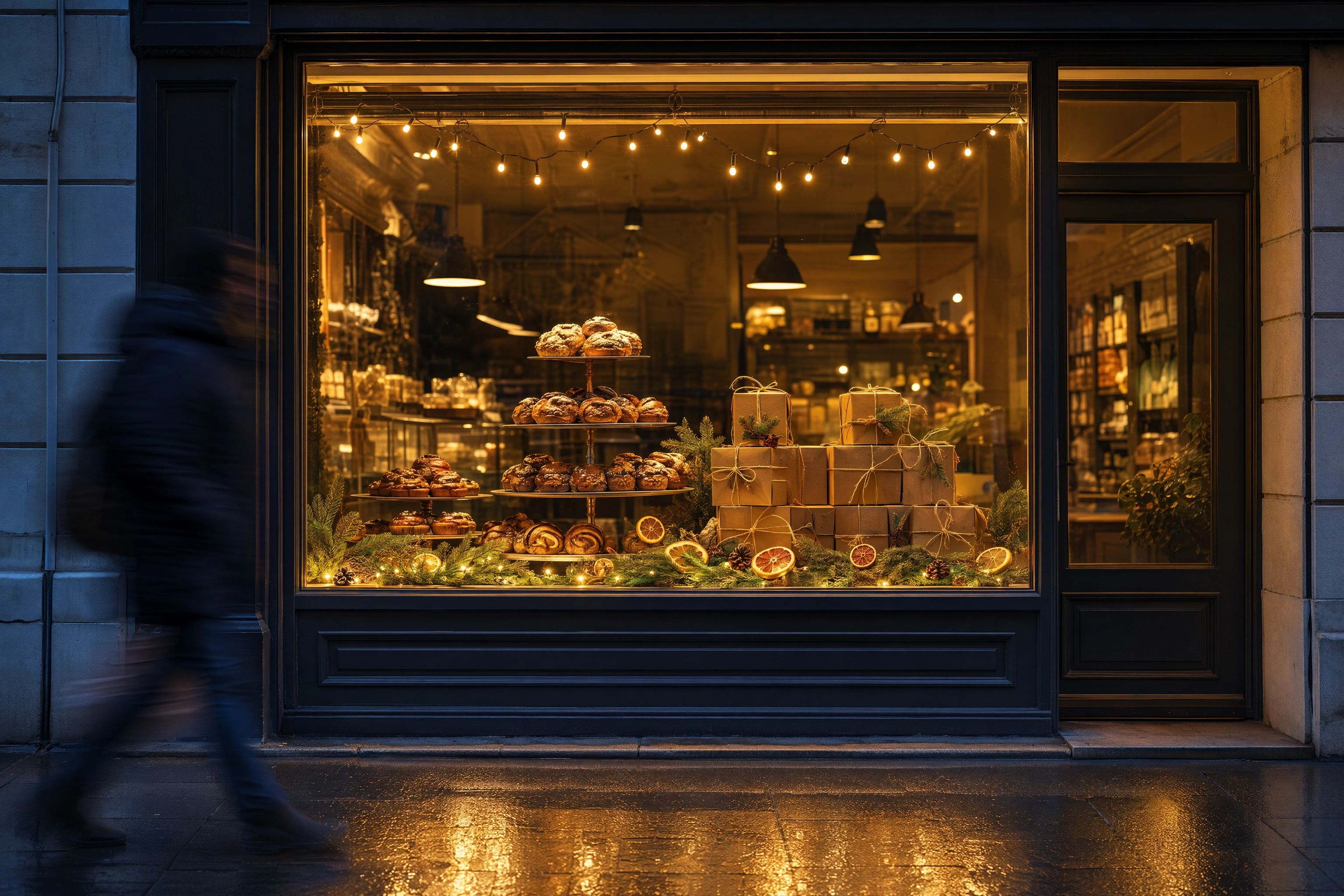 Seasonal bakery window display photographed from the street at blue hour with the interior glowing