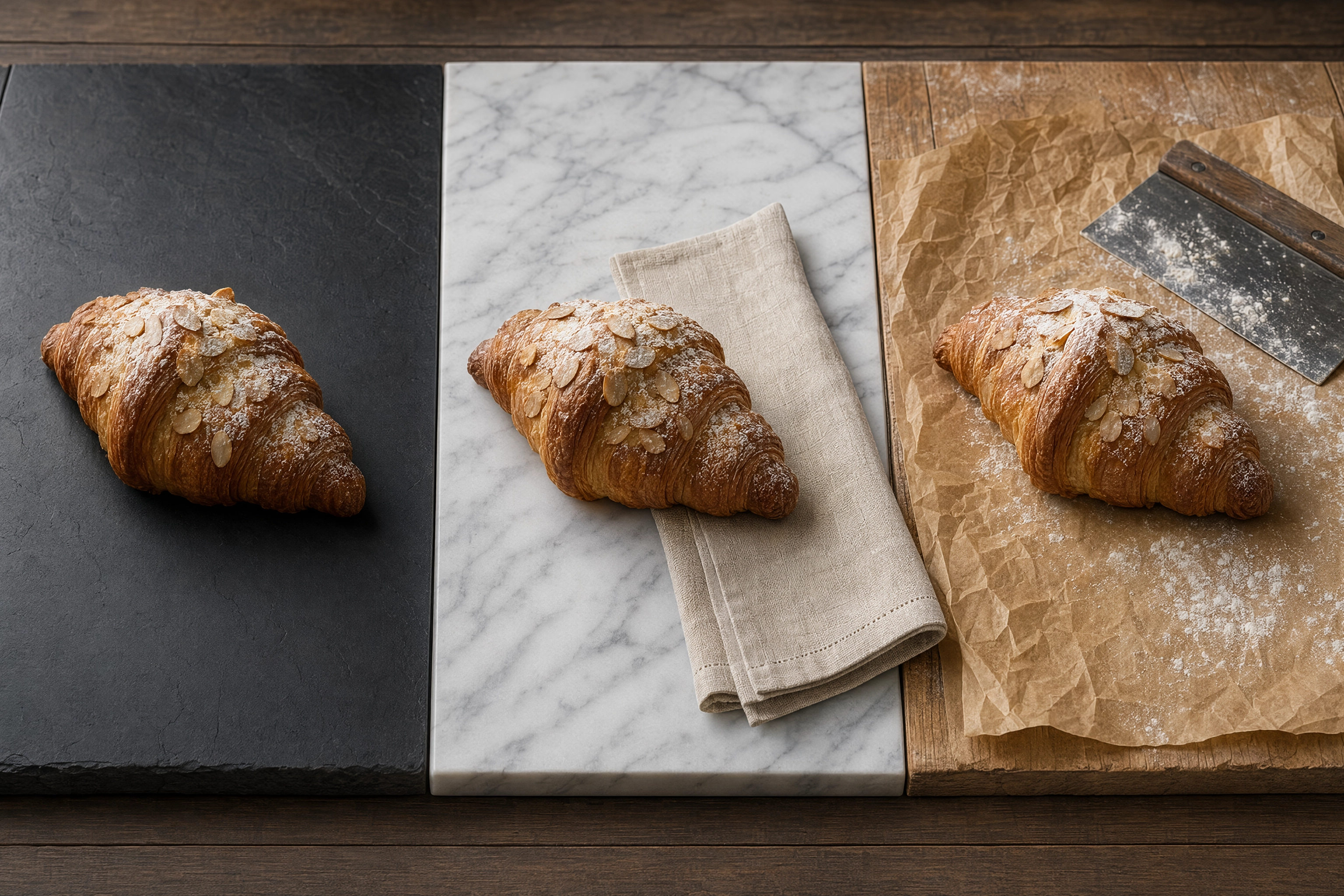 Three bakery styling surfaces compared side by side with an identical pastry on slate, marble and kraft paper