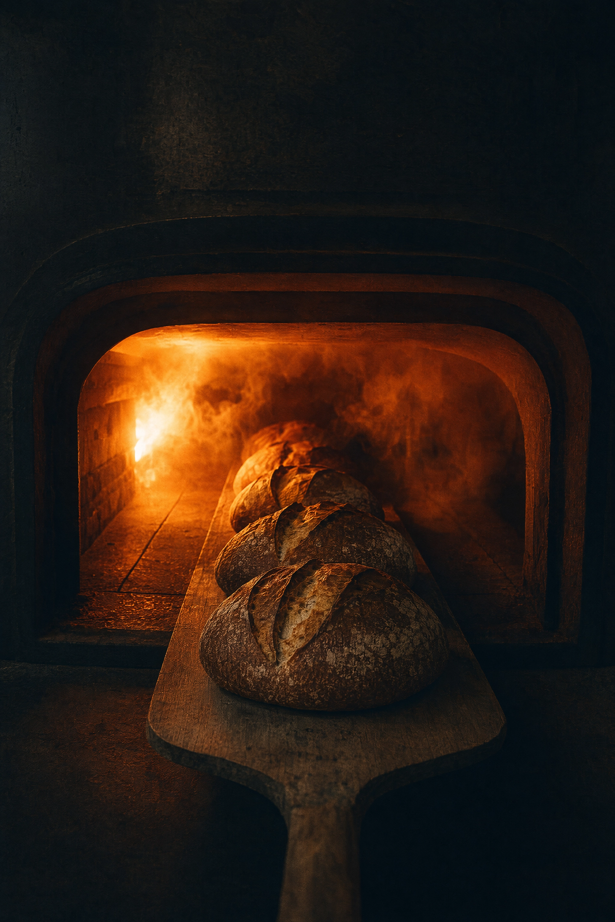 Vertical process shot of scored sourdough loaves sliding into a glowing deck oven for social content