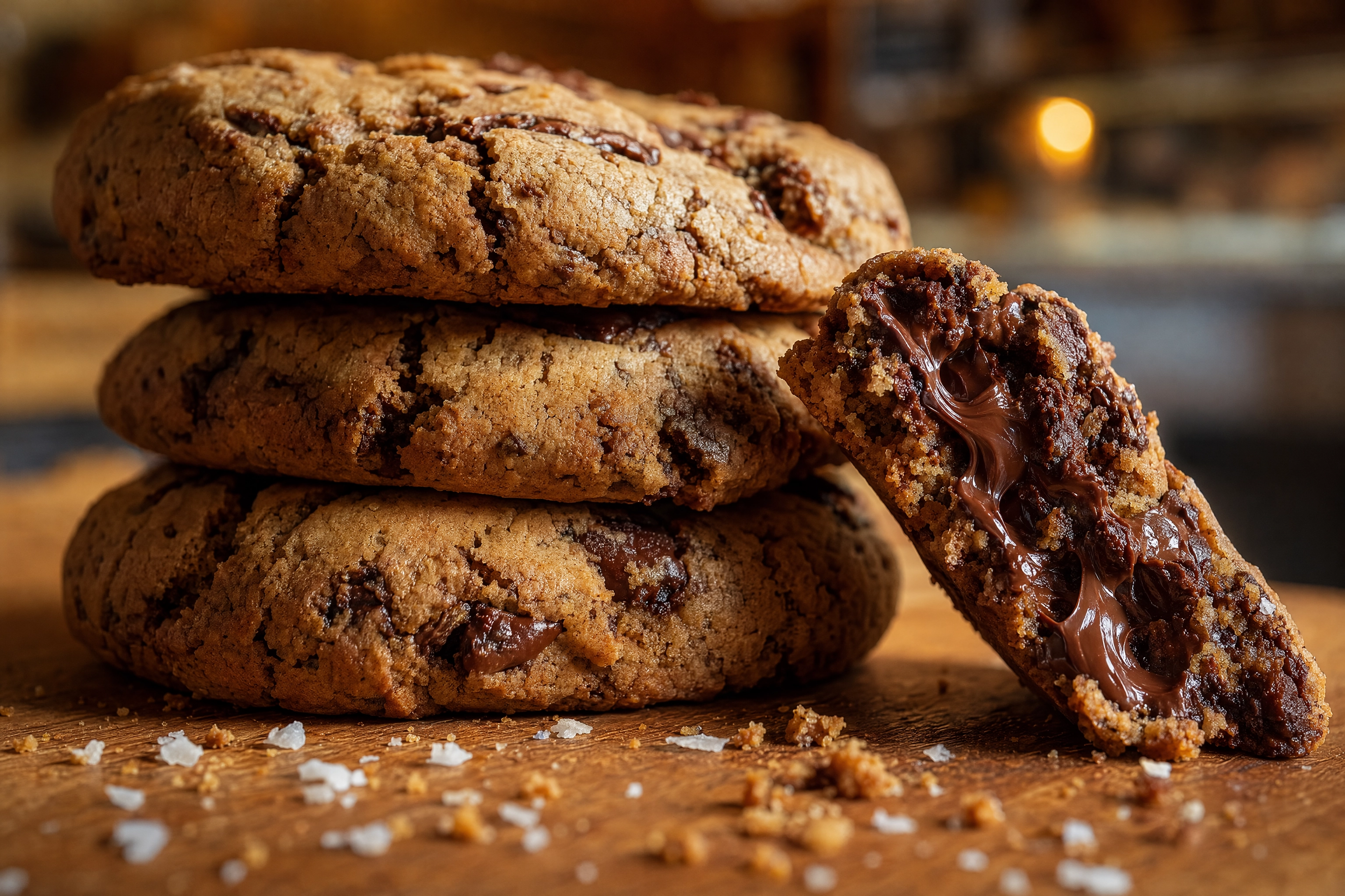 Eye-level macro of a leaning cookie stack with one cookie broken open to reveal a molten chocolate interior