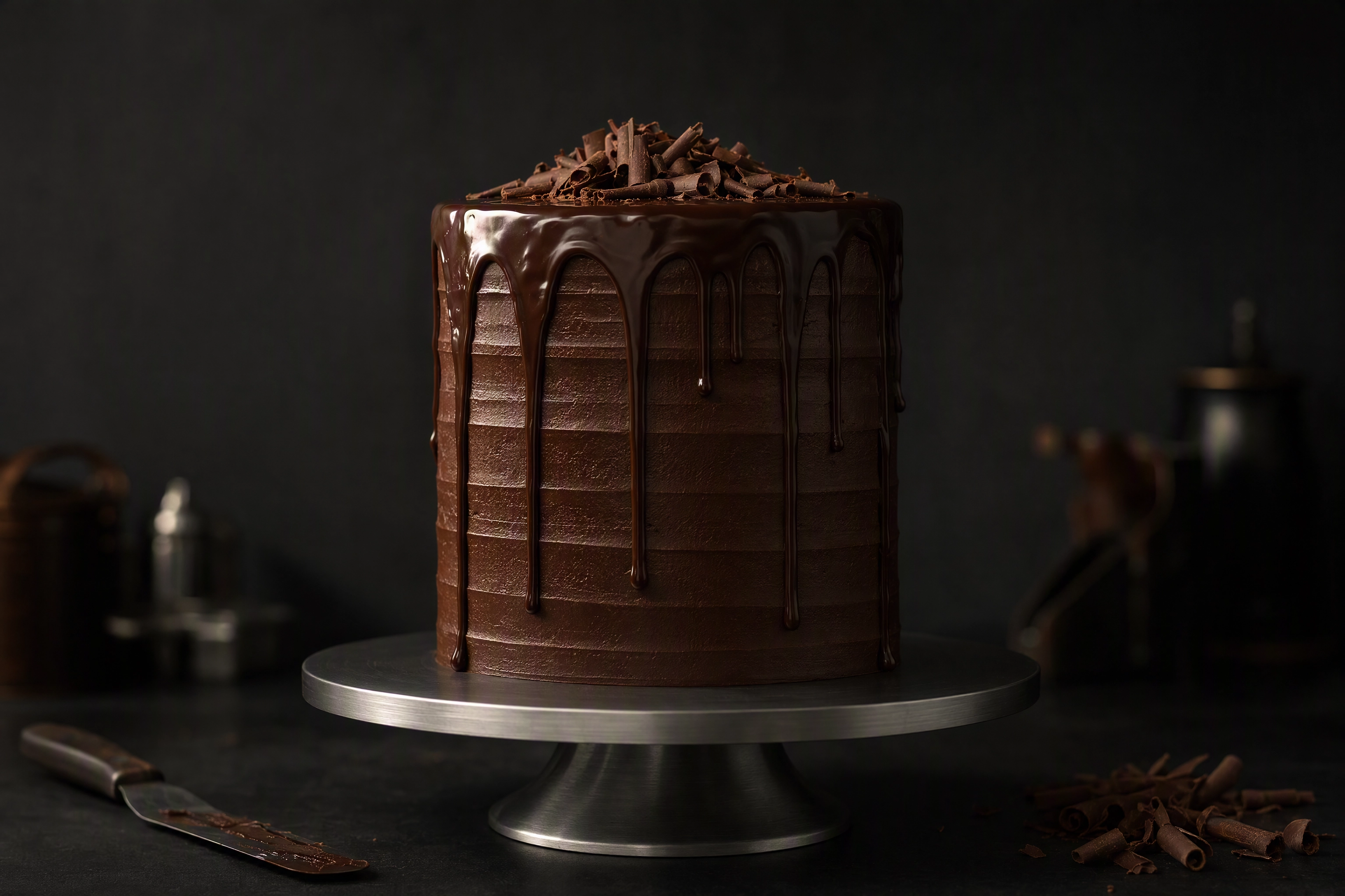 Layer cake on a turntable under a single spotlight against a dark background for celebration cake photography