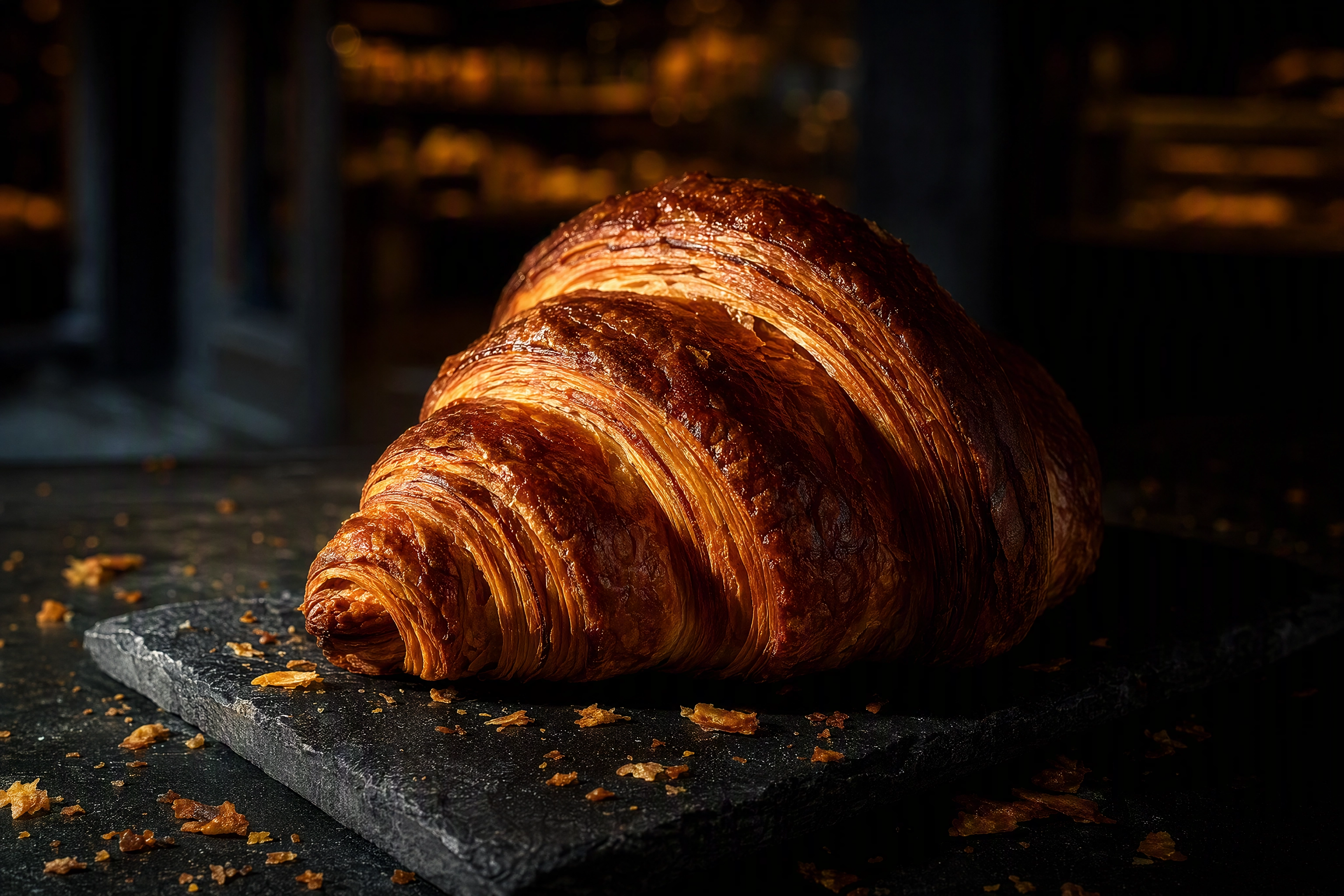 Single croissant lit by hard raking side light showing lamination ridges and flaked crust in a dark bakery