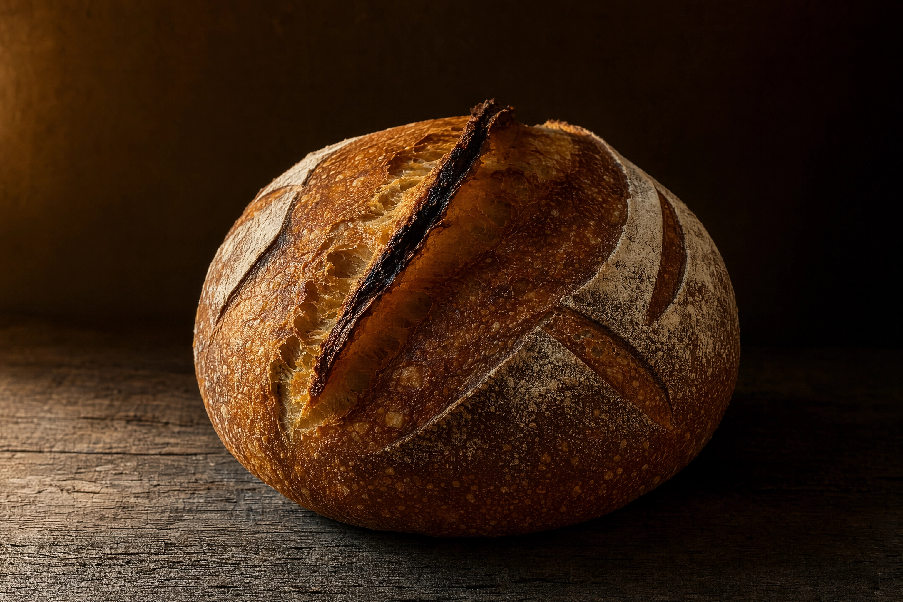 Whole scored sourdough boule under raking side light showing the ear, blistered crust and flour lines