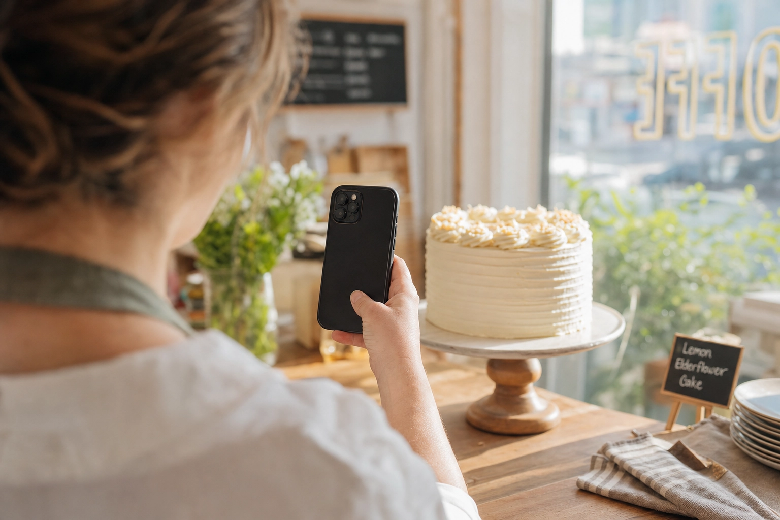 Baker photographing a frosted layer cake with a smartphone on a sunlit bakery counter
