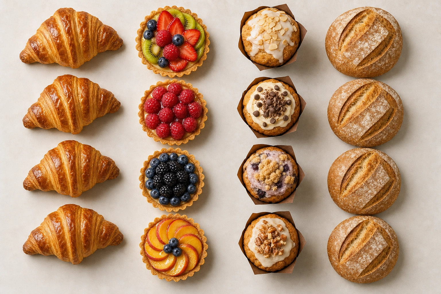 Overhead grid of croissants, fruit tarts, muffins and a loaf styled for a consistent bakery menu