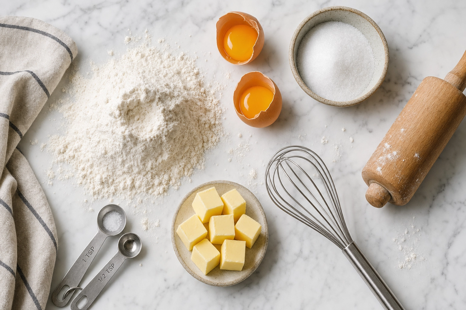 Overhead flat-lay of flour, cracked eggs, butter cubes, sugar and a whisk on white marble