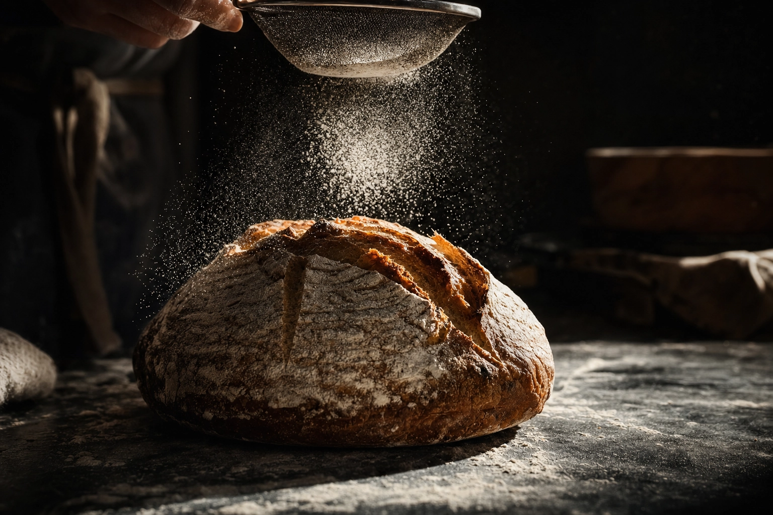 Flour cloud sifted over an artisan loaf glowing in a backlit beam against a dark background