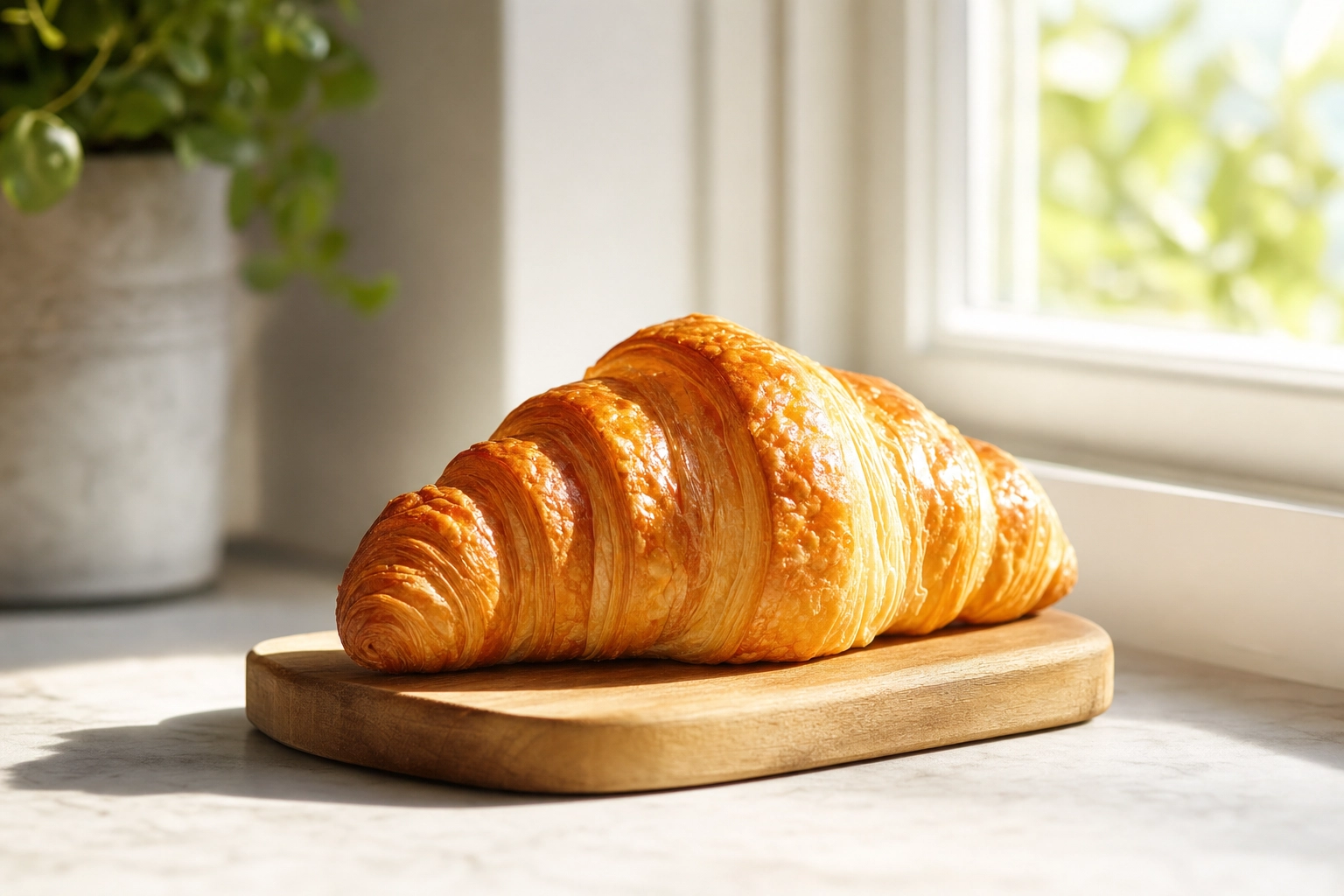 Golden flaky croissant by a bright window with raking side light revealing its layers