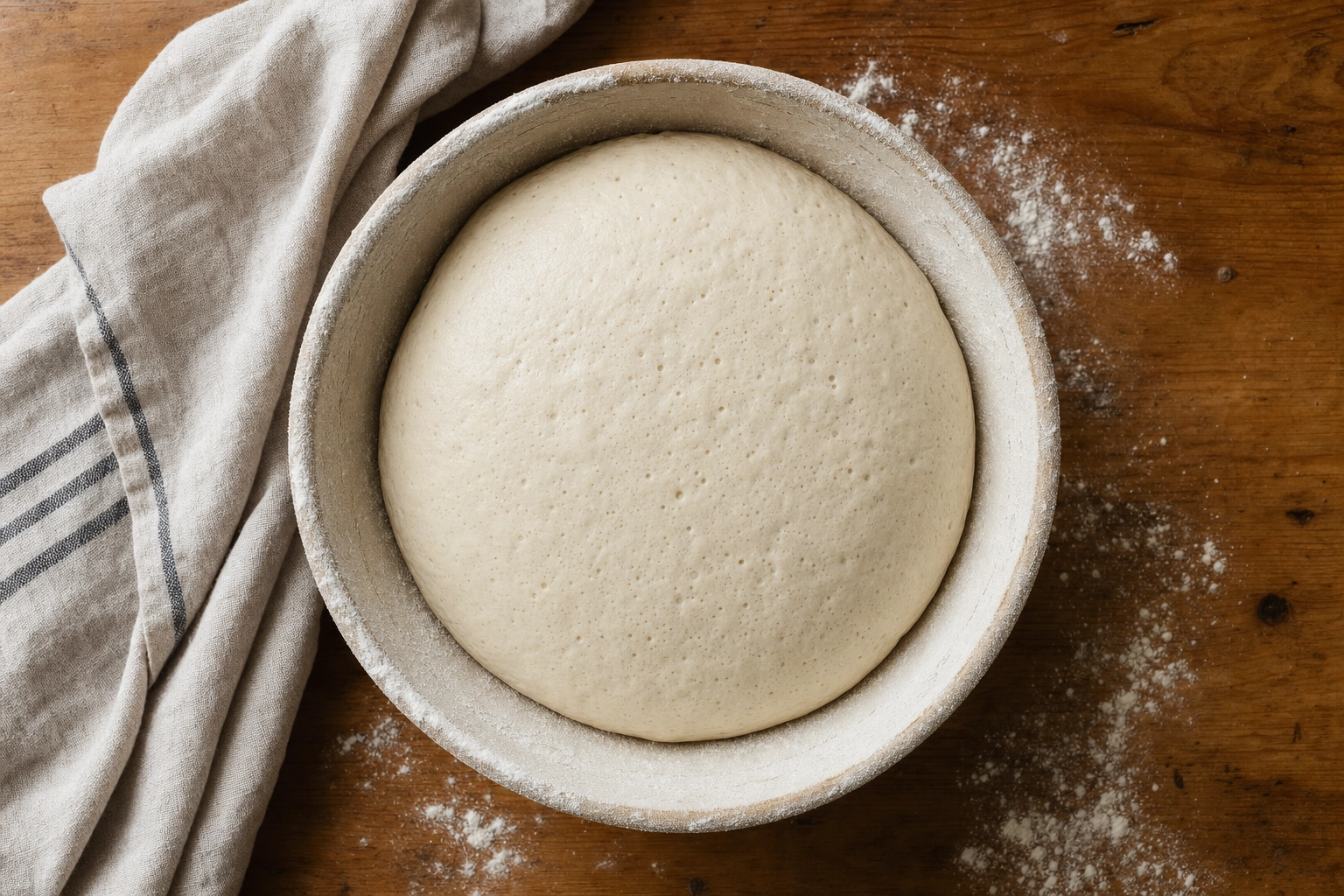 Overhead of risen sourdough dough proofing in a flour-dusted bowl on a wooden counter