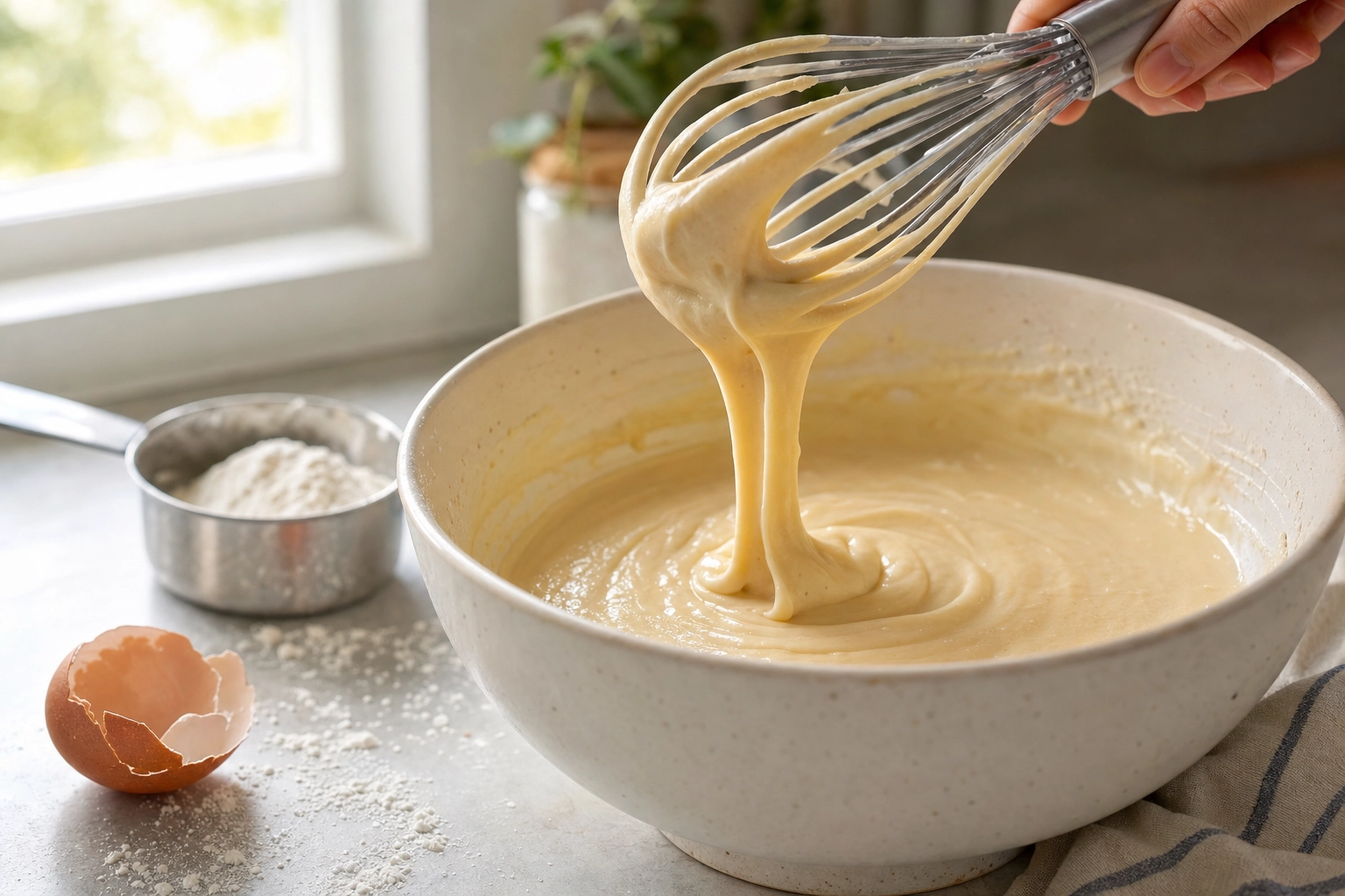 Whisk lifting glossy ribbons of pale cake batter from a ceramic mixing bowl in soft light