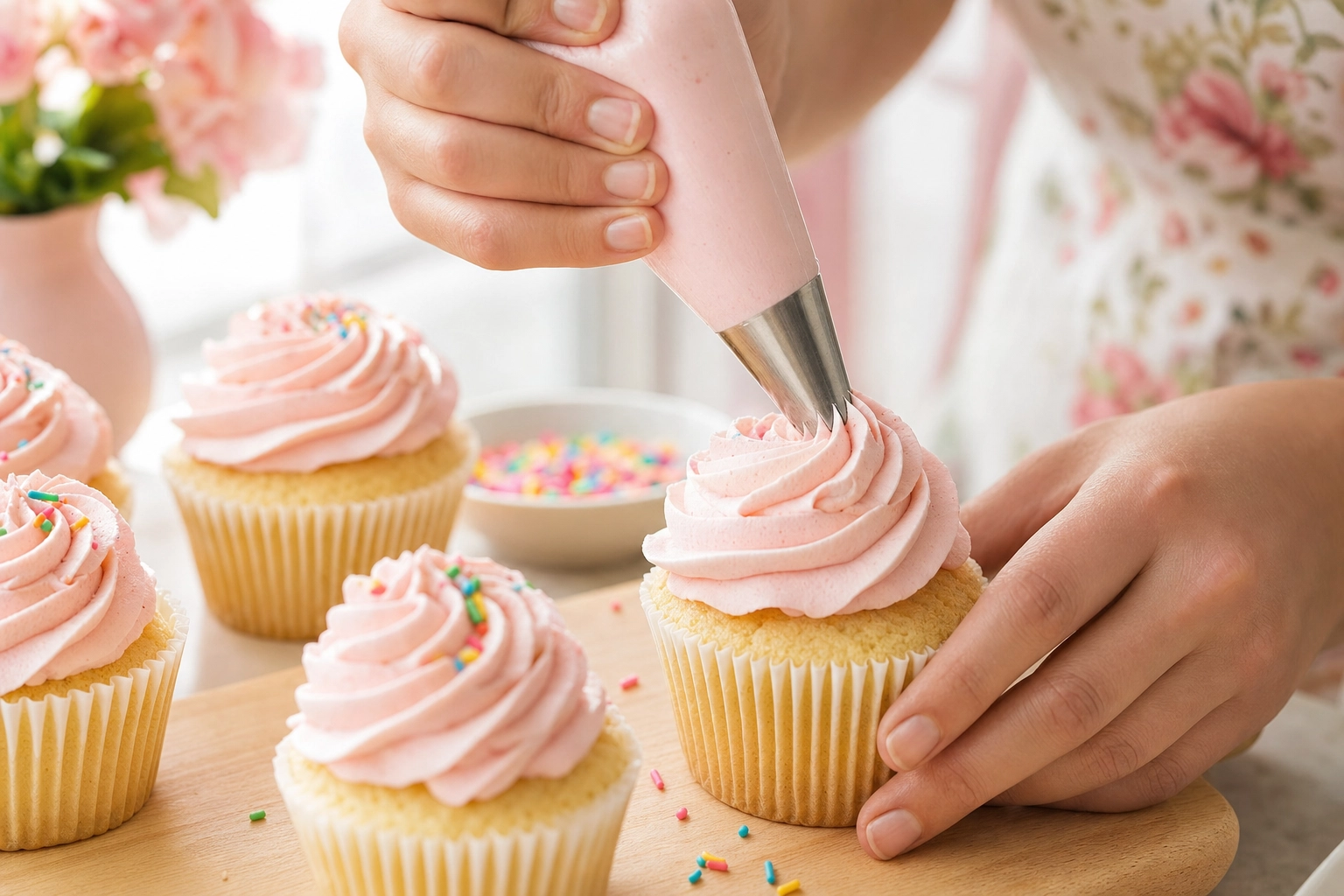 Hands piping a swirl of pink buttercream onto a cupcake among finished frosted cupcakes