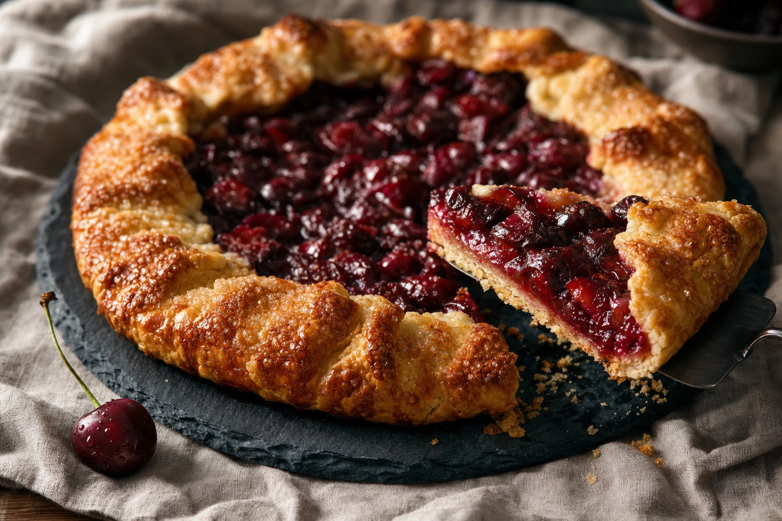 Macro of a flaky fruit galette with a slice lifted to reveal glossy cherry filling on slate