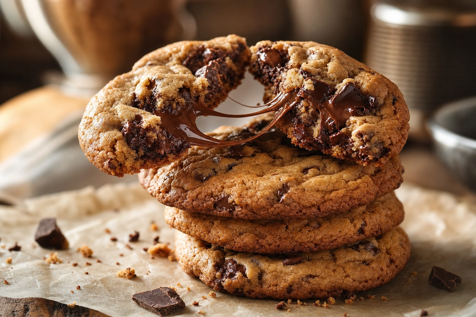 Stack of chocolate chip cookies with the top one broken to show a gooey chocolate pull