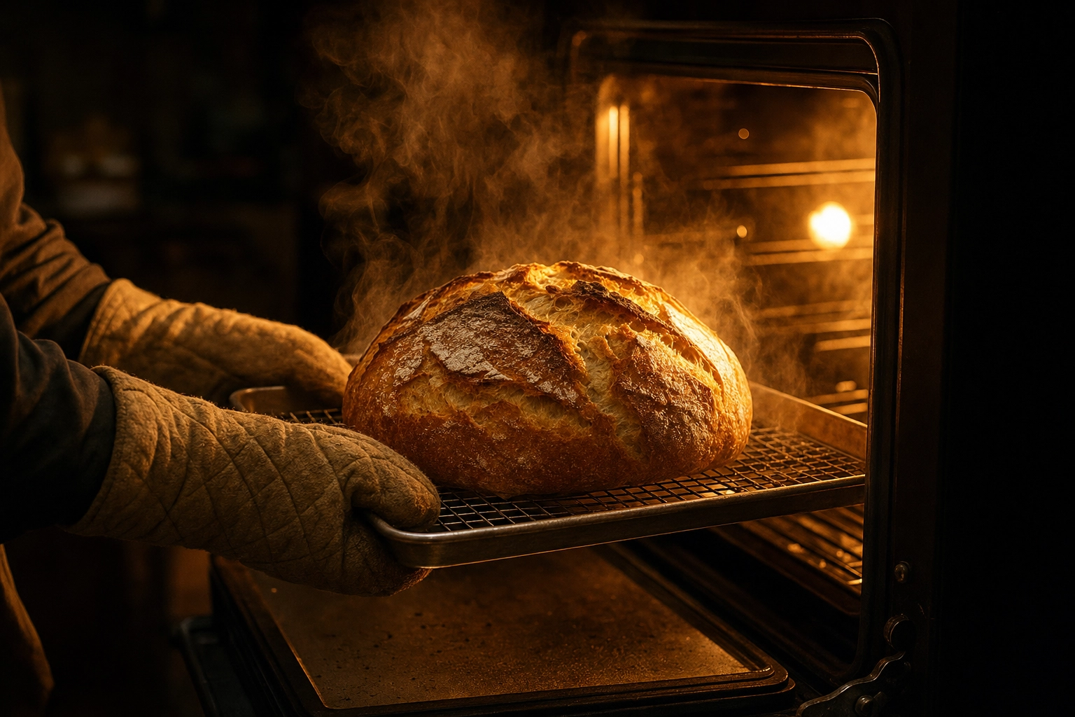 Mitted hands pulling a golden artisan loaf with billowing steam from a glowing warm oven