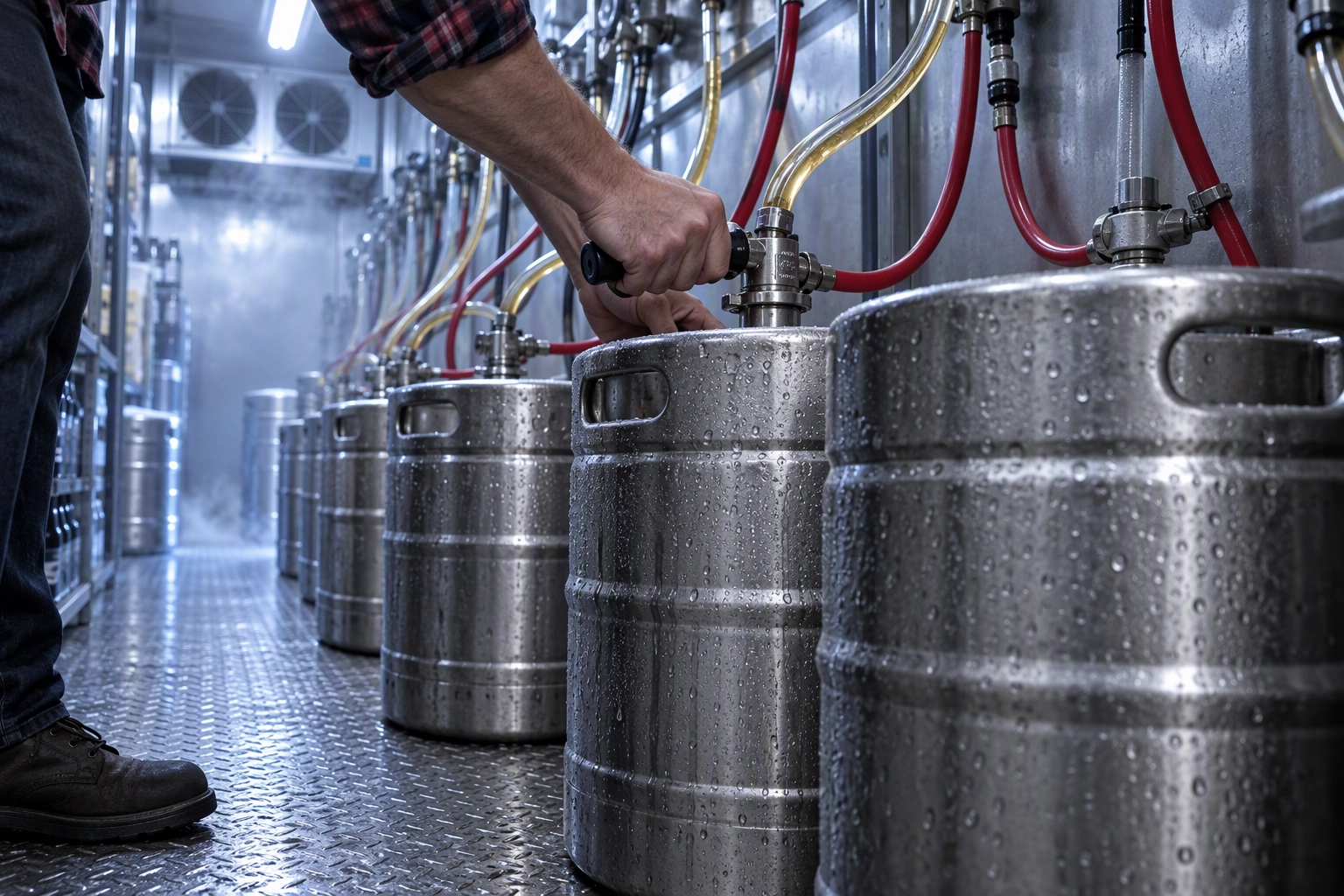 Bartender tapping a half-barrel keg in a walk-in cooler, the keg math behind bar food that sells the next pint