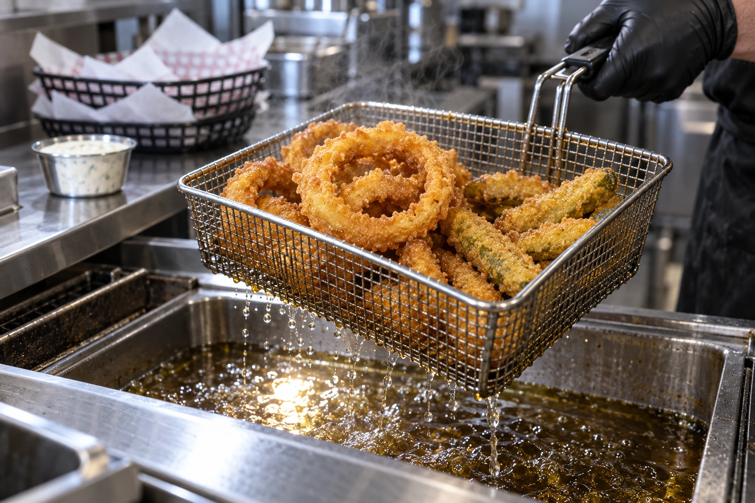 Fryer basket of onion rings and fried pickles lifted from hot oil, two of the cheapest bar food ideas to make