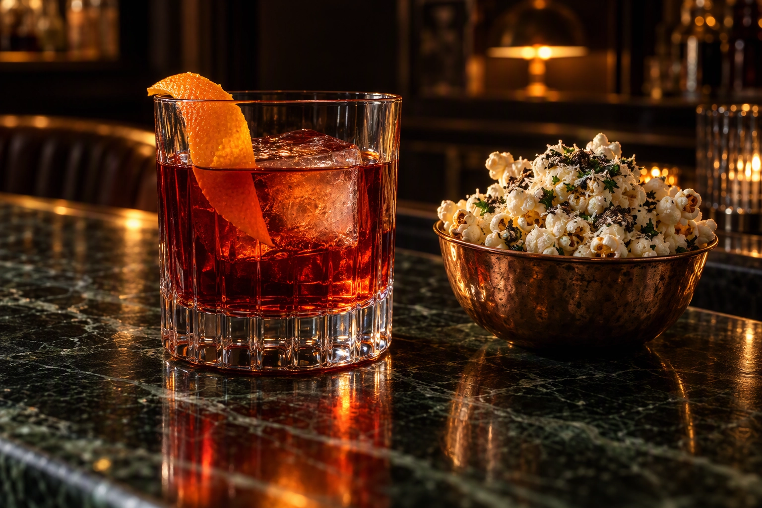 Negroni and truffle-parmesan popcorn on dark marble under amber rim light, a moody bar menu photo for a QR menu
