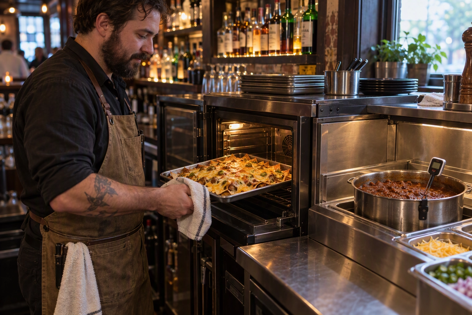 Bartender pulling nachos from a countertop convection oven beside a chili hot well, bar food ideas for a bar with no hood