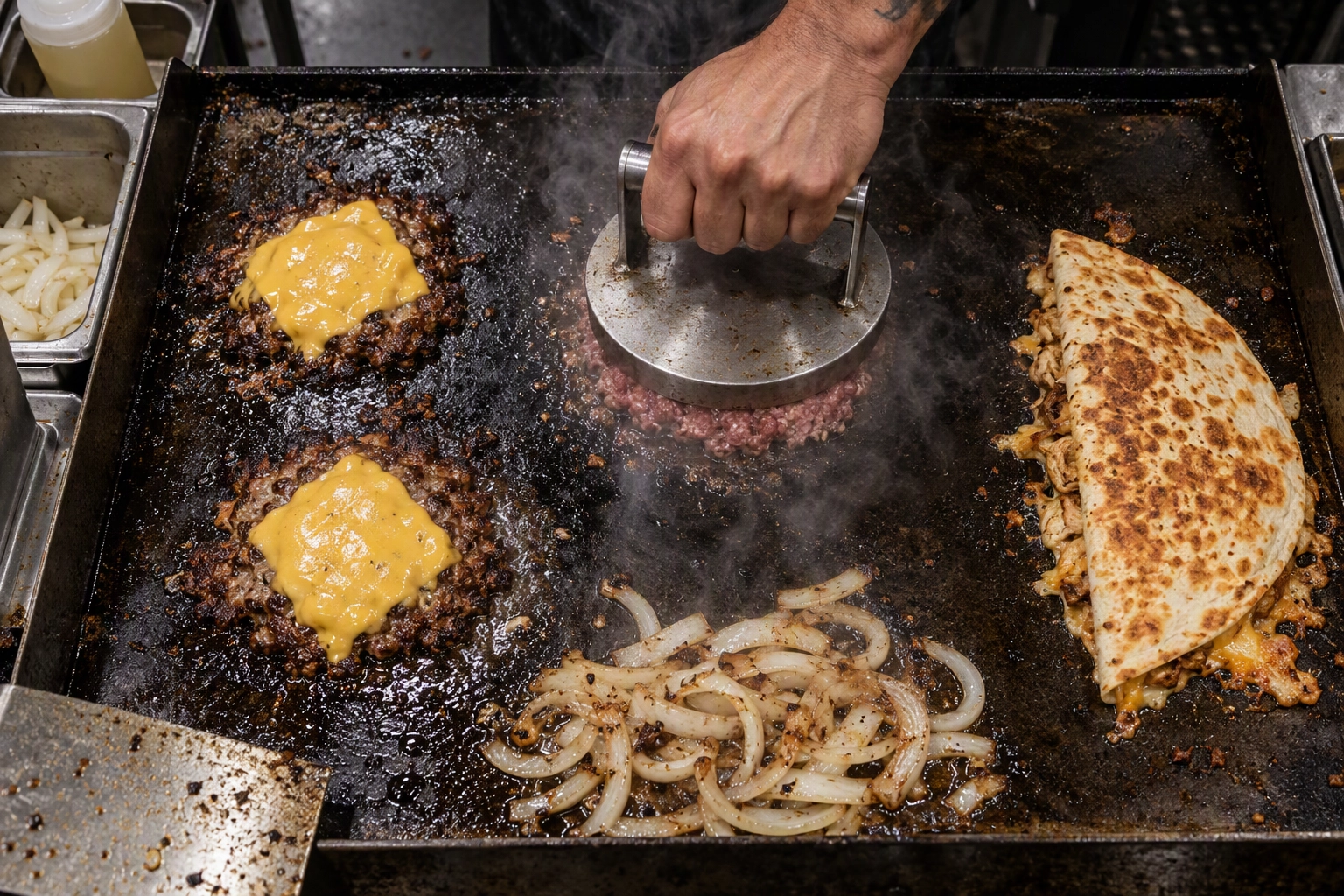 Cook smashing burger patties beside a chicken quesadilla on a flat-top, flat-top bar menu ideas where beef drives cost